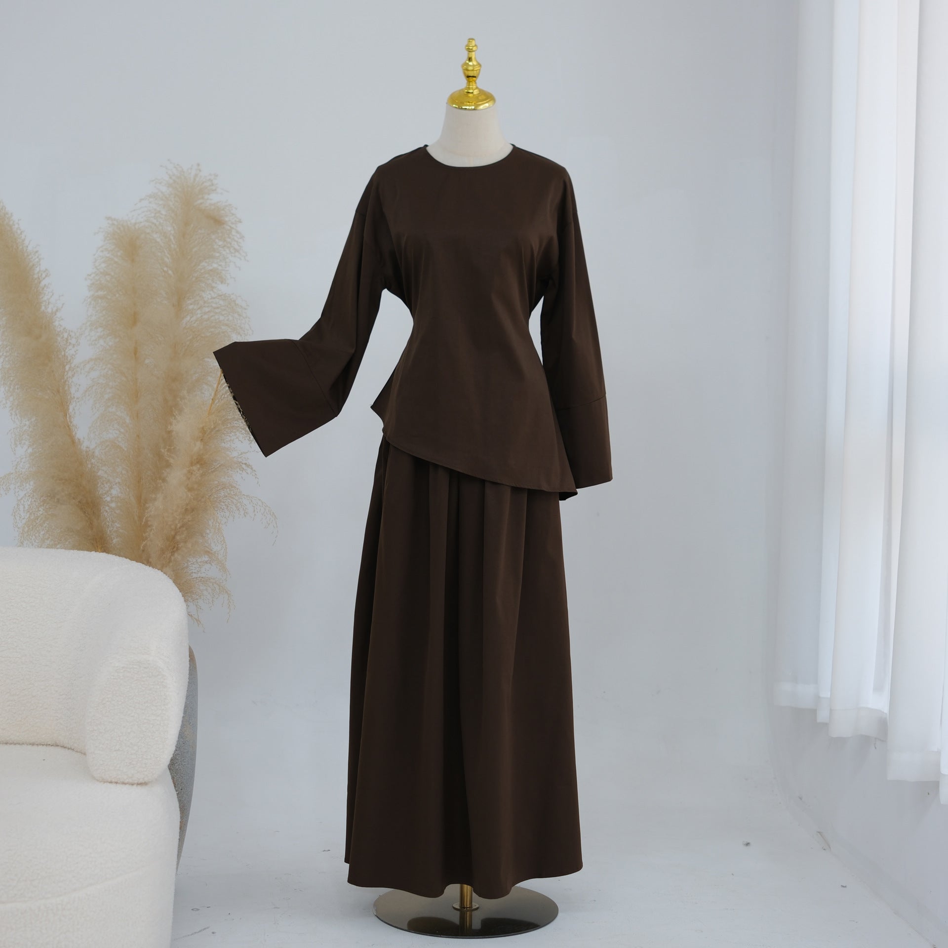 Bell Sleeve Back-Tie Top & A-Line Maxi Skirt Set(MS469)
