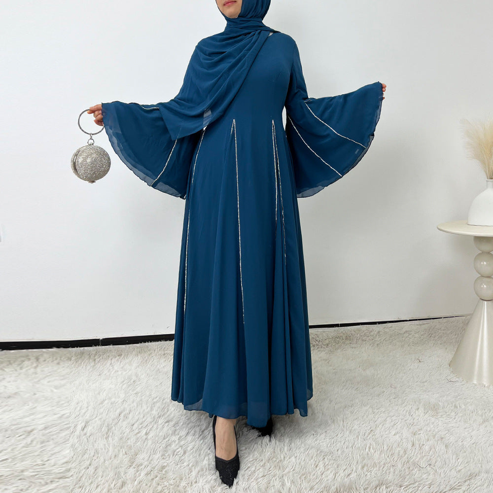 Elegant Chiffon Abaya Set with Hijab | Round Neck Bell Sleeve Maxi Dress with Rhinestone Trim(MA325)