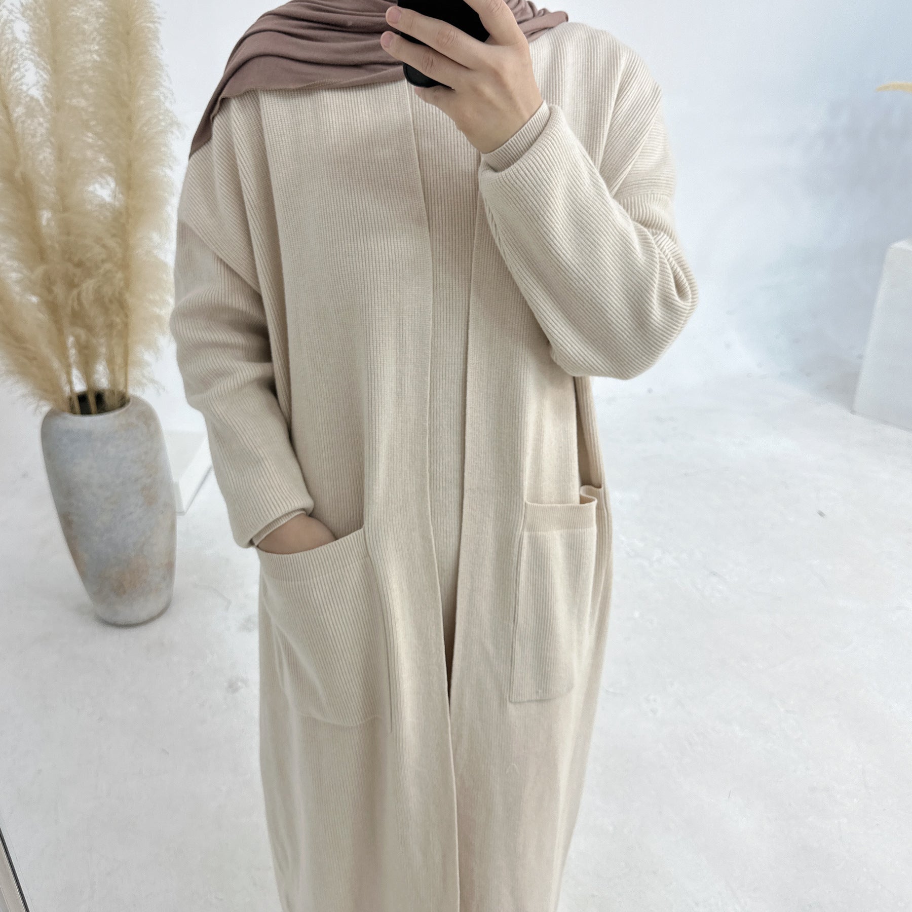 Autumn and Winter Knitted Open Abaya 2-Piece Set with Pockets (MOA103)