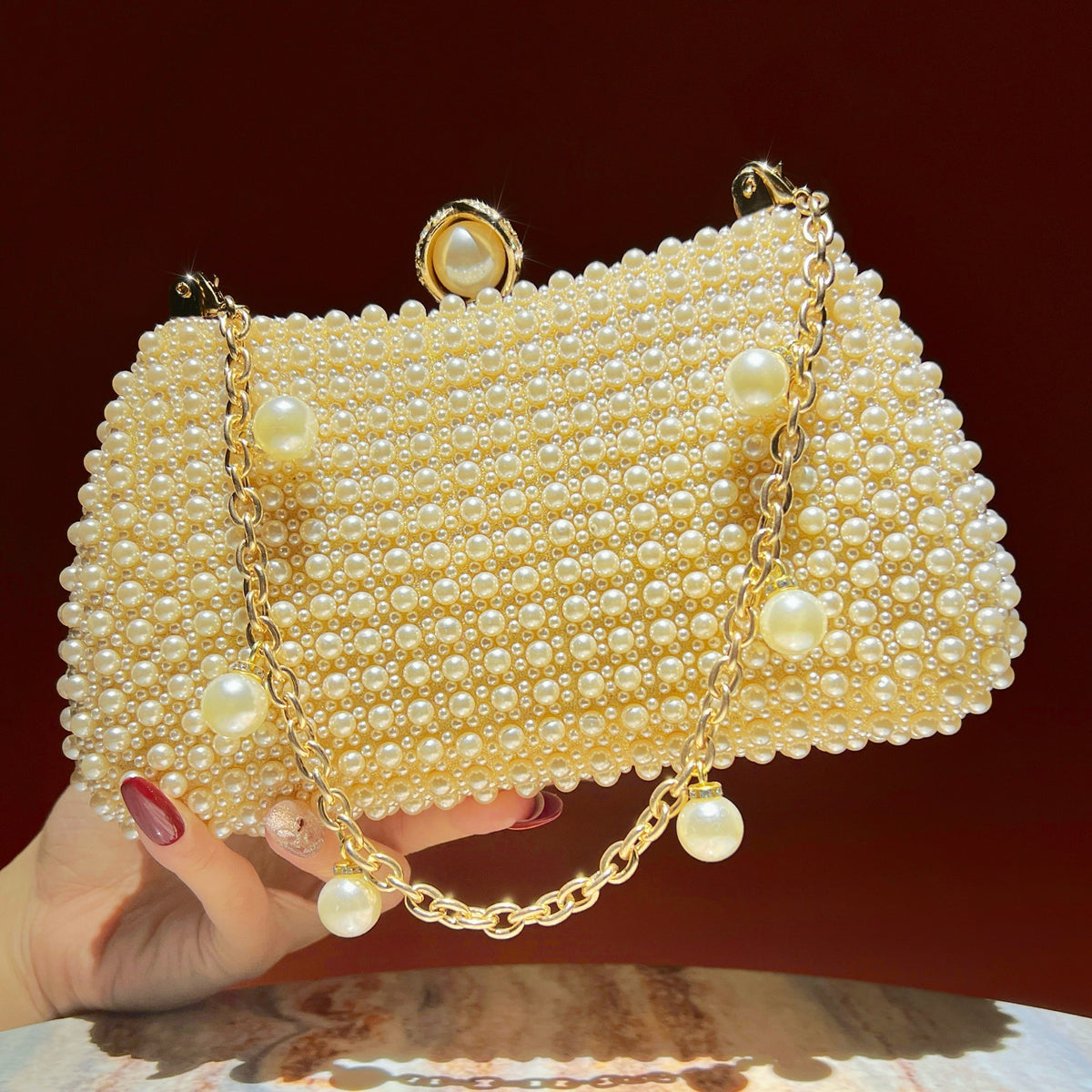 Chic Faux Pearl Evening Clutch Bag - Pearl Chain Strap Top-Handle Purse & Shoulder Crossbody for Parties & Weddings（MAC493）