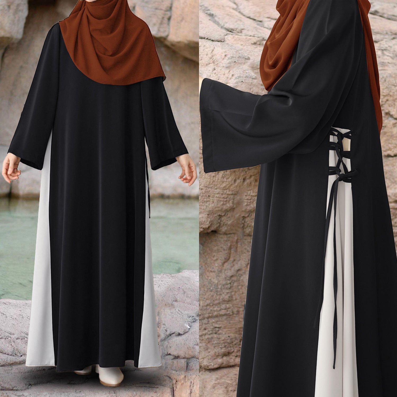 Colorblock Side-Tie Abaya | Two-Tone Round Neck Maxi Dress(MA362)