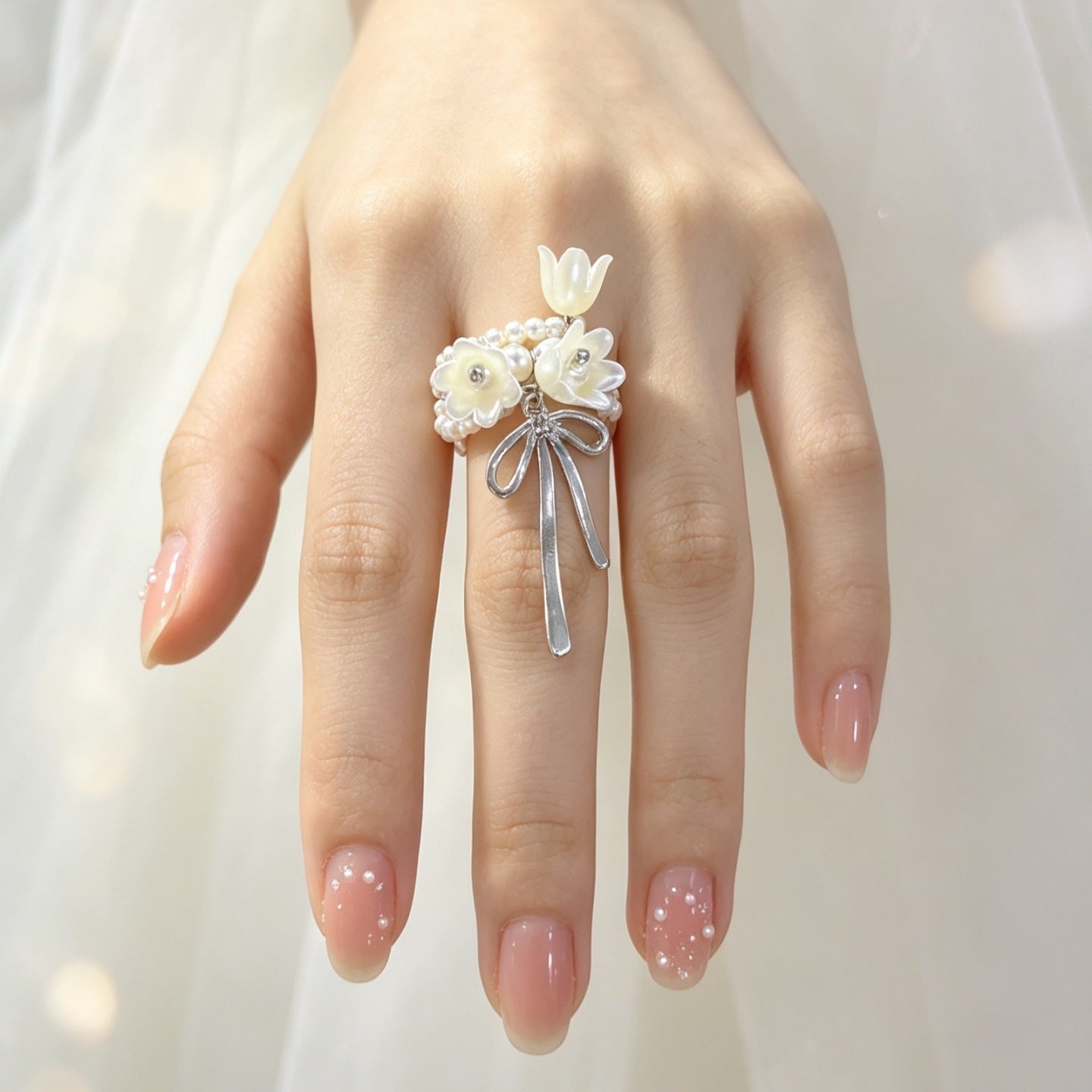 Lily of the Valley Pearl Bow Statement Ring | Adjustable Floral Ring（MAC482）