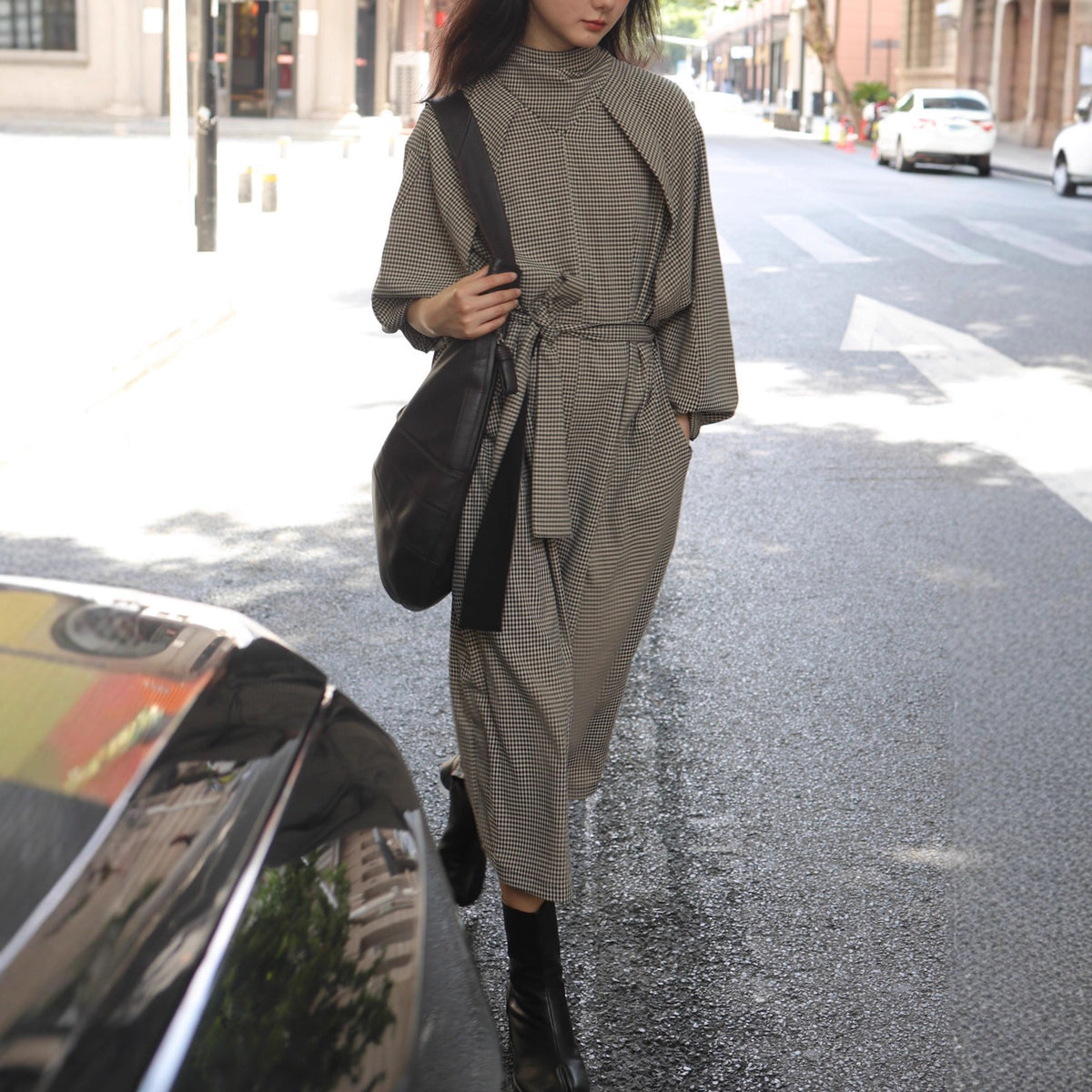 Plaid Belted Trench Dress(MS552)