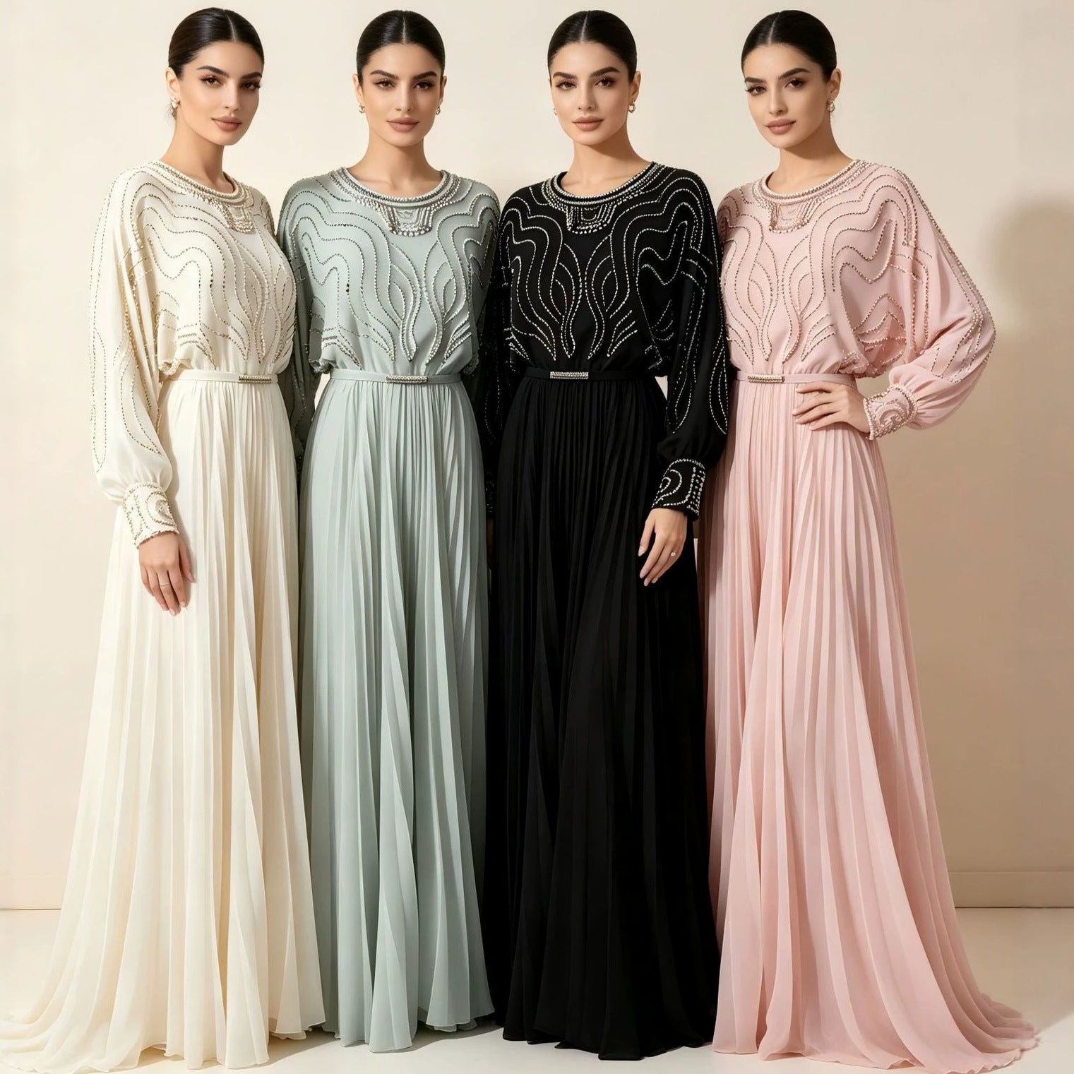 Handbeaded Pearl & Crystal Batwing Maxi Dress(MS529)