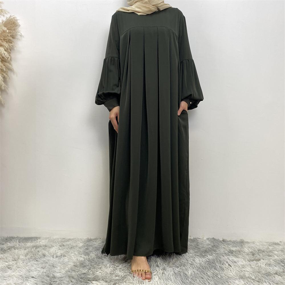MA061 Round Neck Solid Color Ruffled Abaya With Pockets - Mariam's Collection
