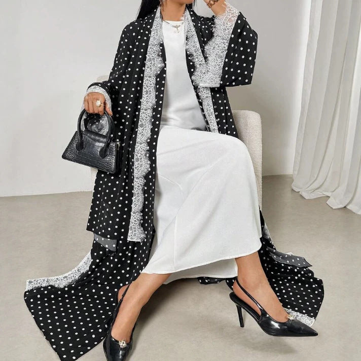 Polka Dot Lace-Trim Open Abaya & Matching Hijab Set(MOA343)