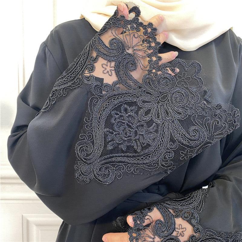 MA060 Floral Lace Zip Abaya - Mariam's Collection