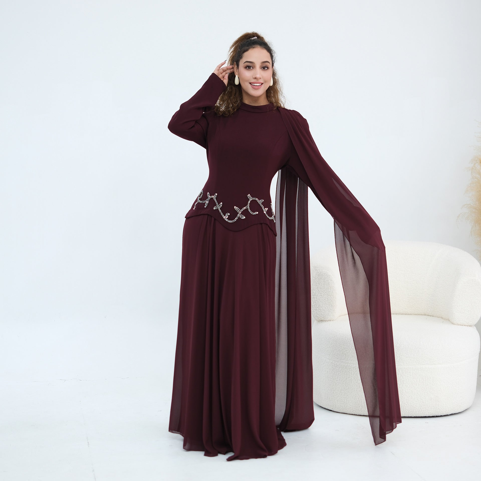 Crystal Beaded Waist Cape Sleeve Maxi Dress(MS499)
