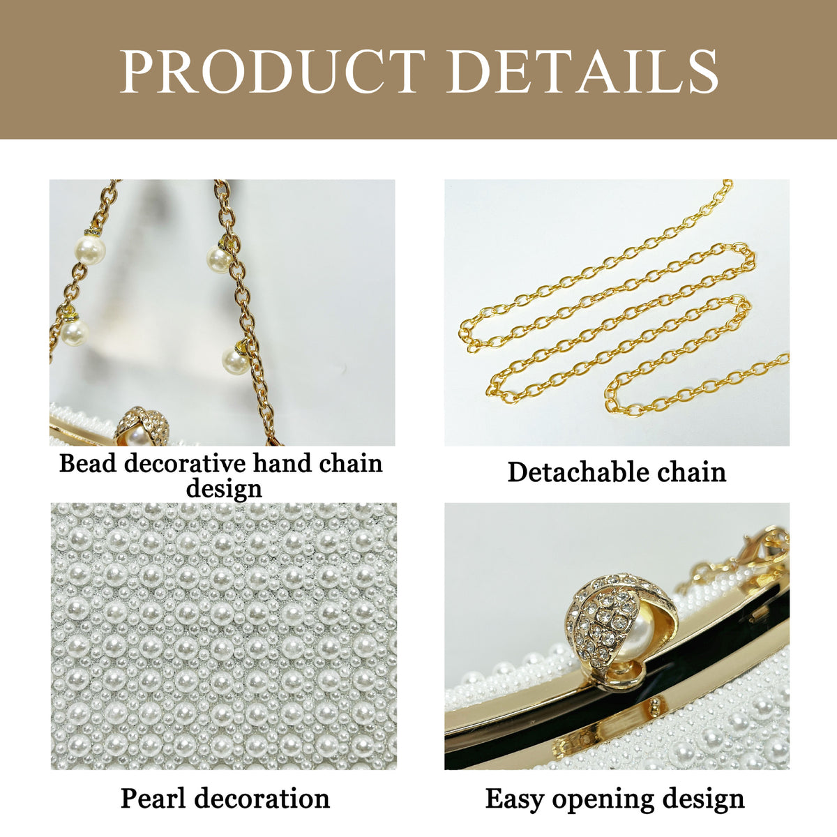 Chic Faux Pearl Evening Clutch Bag - Pearl Chain Strap Top-Handle Purse & Shoulder Crossbody for Parties & Weddings（MAC493）