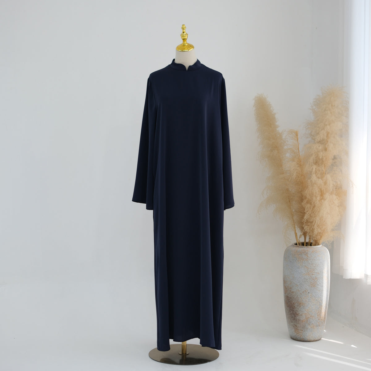 Stand-Collar Nida Maxi Dress | Long-Sleeve Belted Modest Dress(MA475)
