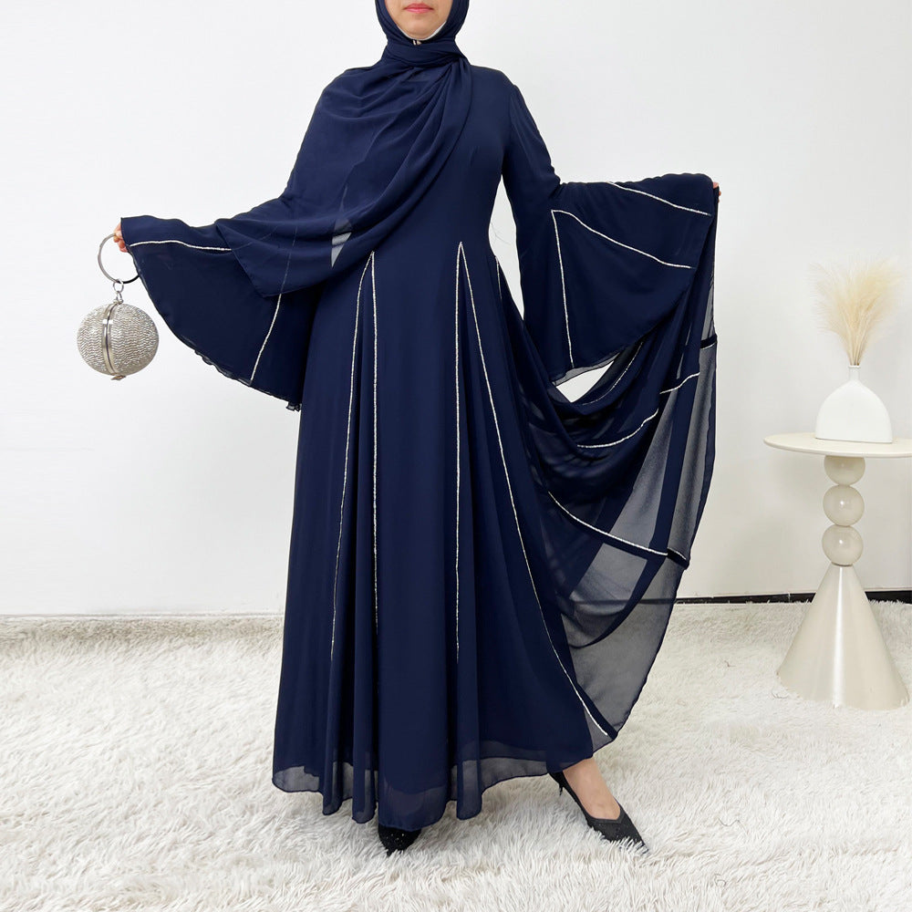 Elegant Chiffon Abaya Set with Hijab | Round Neck Bell Sleeve Maxi Dress with Rhinestone Trim(MA325)