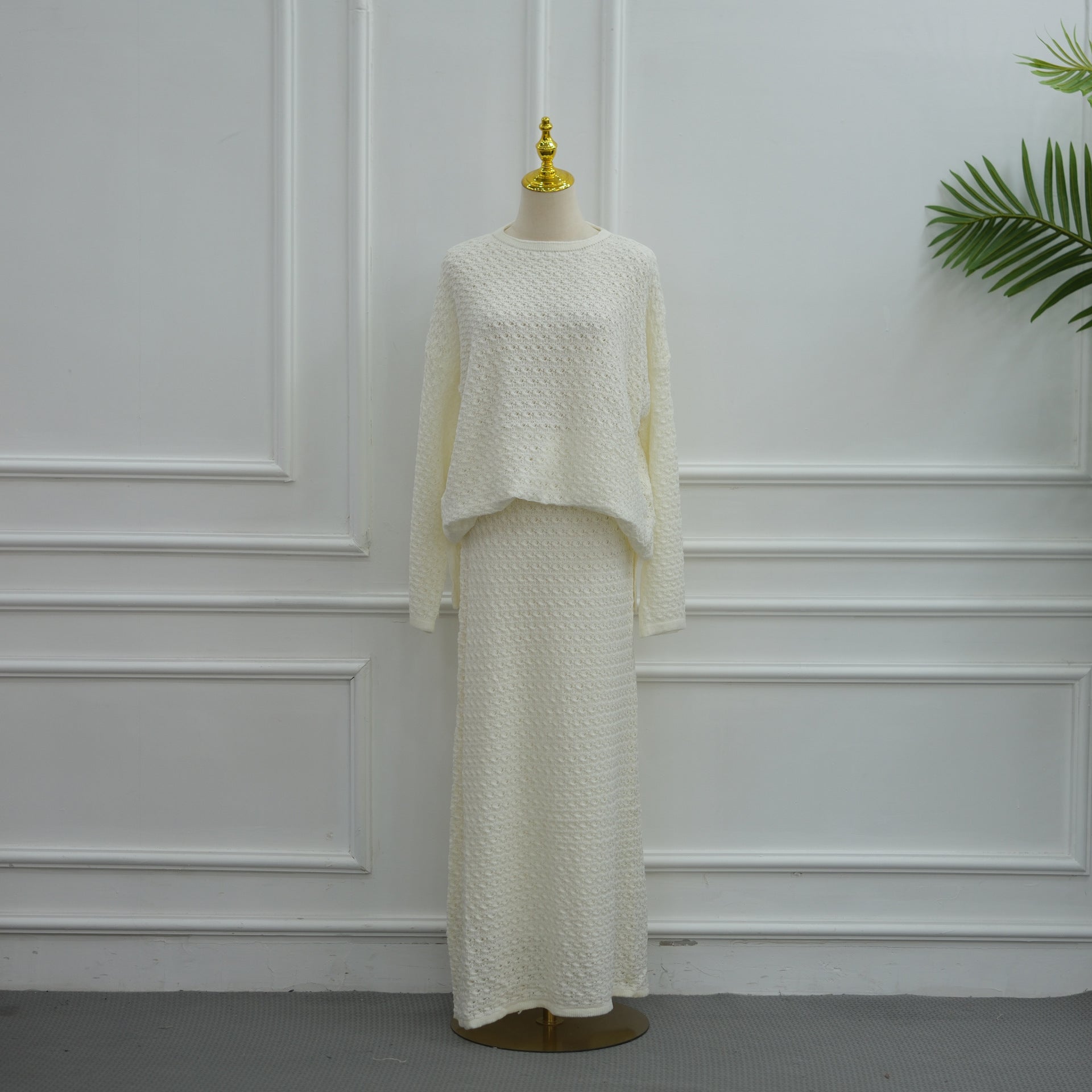 Ensemble coordonné Sweater Crochet ajouré & Jupe Maxi Doublée (MS523)