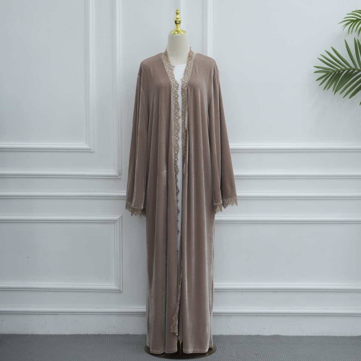 Velvet-Look Lace-Panel Longline Cardigan(MOA352)