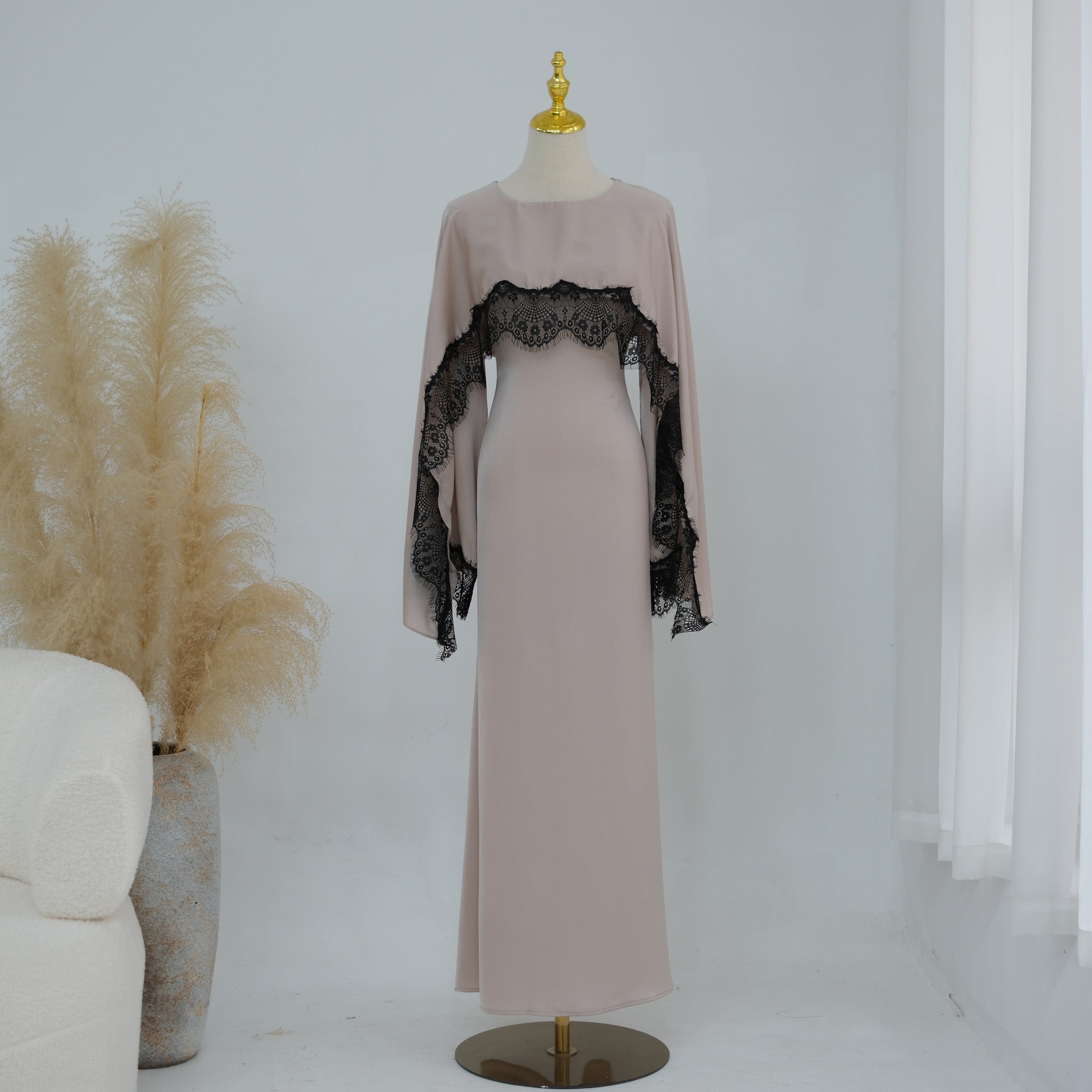 Lace Splice Satin Maxi Dress with Fixed Cape(MS438)