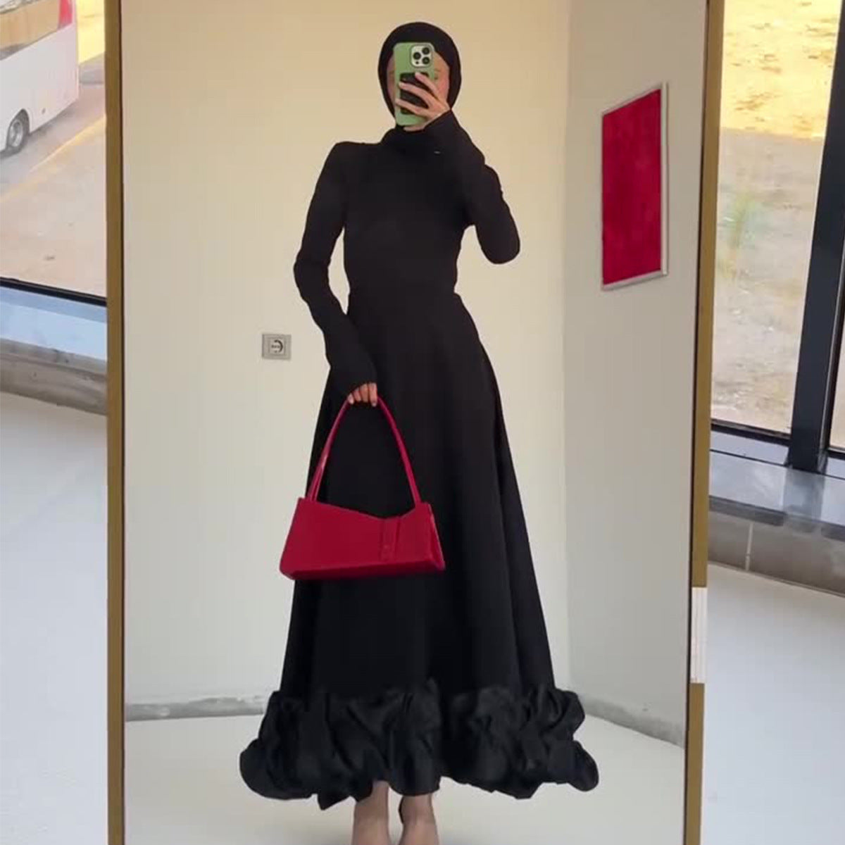 Tulle Ruffle Hem Evening Gown | High Neck Fitted Maxi Dress(MS234)