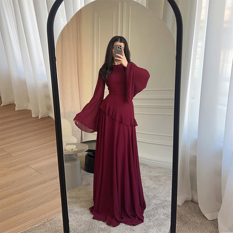 Chiffon Ruffle Gown with Tie-Back | Bell Sleeve Tiered Maxi Dress(MS227)