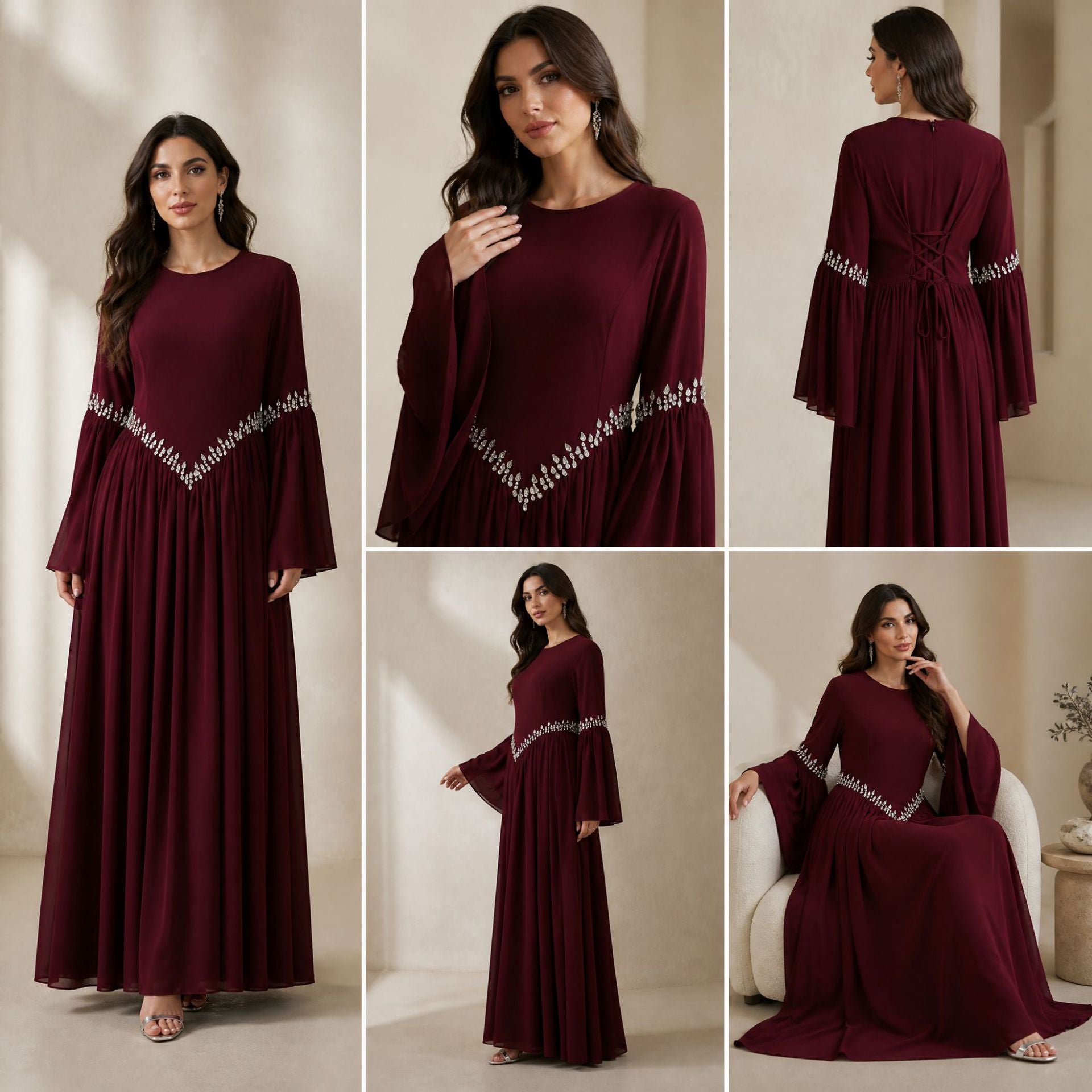 Robe Maxi Taille et Poignets Ornés de Strass avec Manches Évasées (MS513)