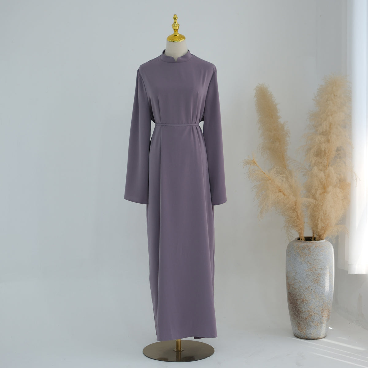 Stand-Collar Nida Maxi Dress | Long-Sleeve Belted Modest Dress(MA475)