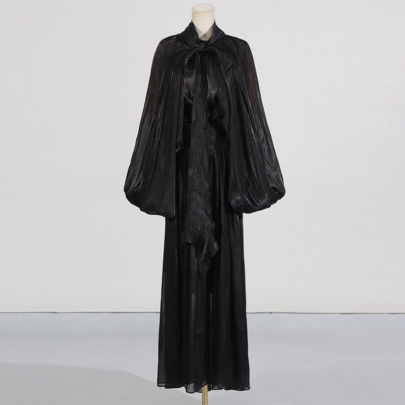 Balloon Sleeve Tie-Neck Maxi Dress(MS303)