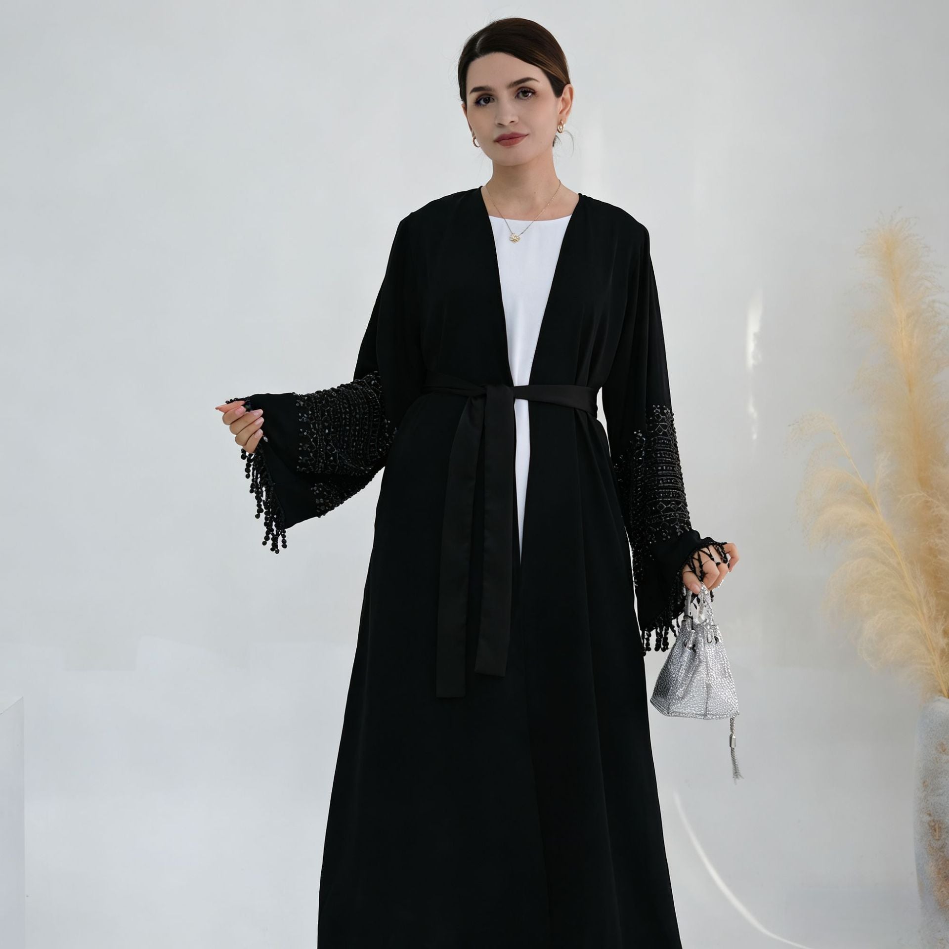 Beaded Embroidery Flared-Sleeve Open Abaya(MOA334)