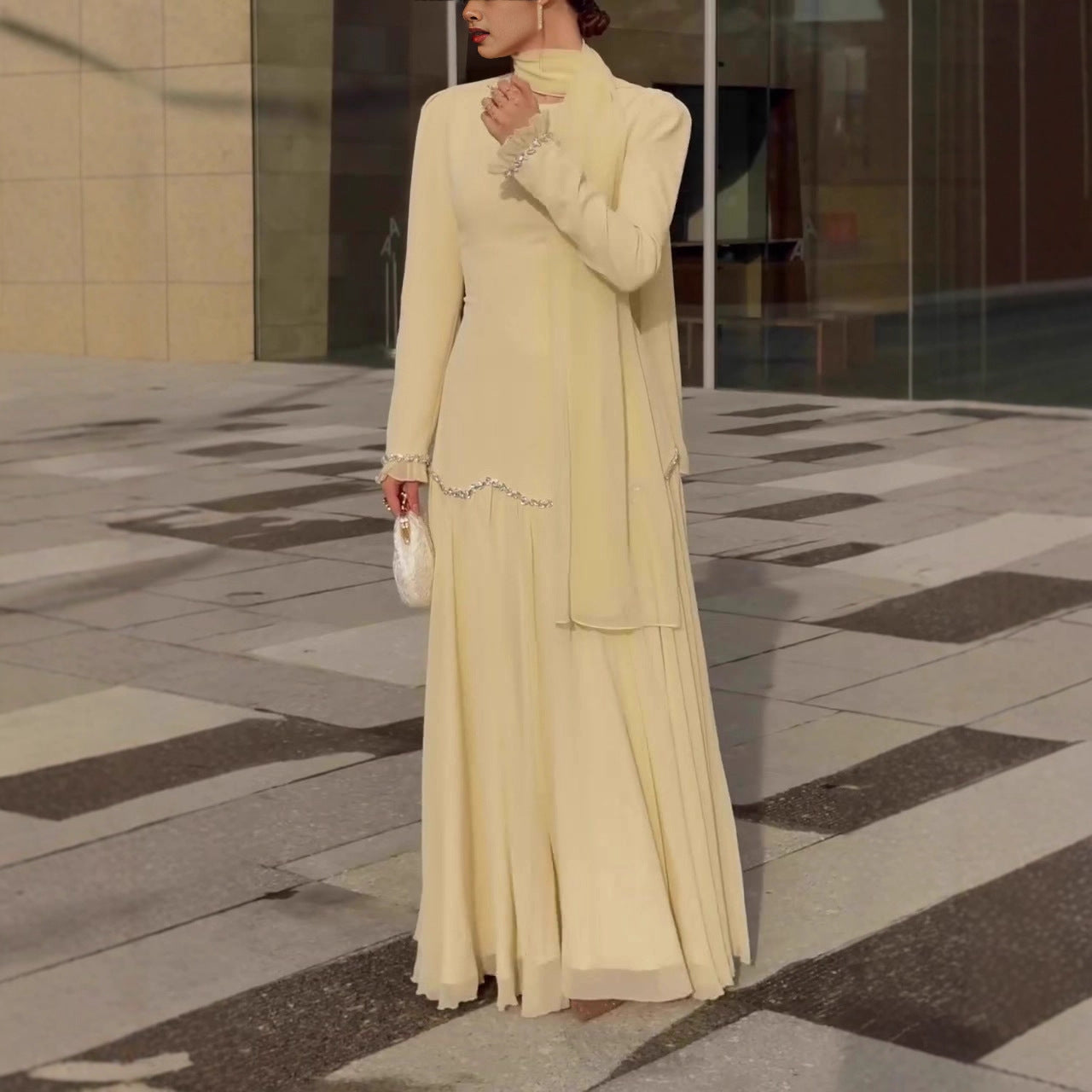 Crystal Waist Chain Dress with Ruffle Cuffs(MS306)