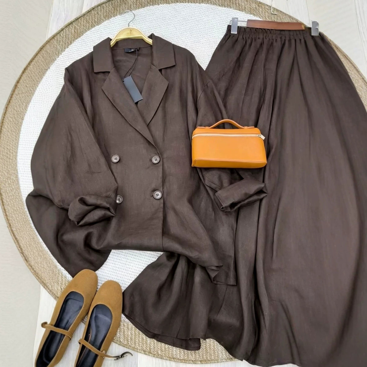 Linen-Look Shirt & Maxi Skirt Set(MS558)