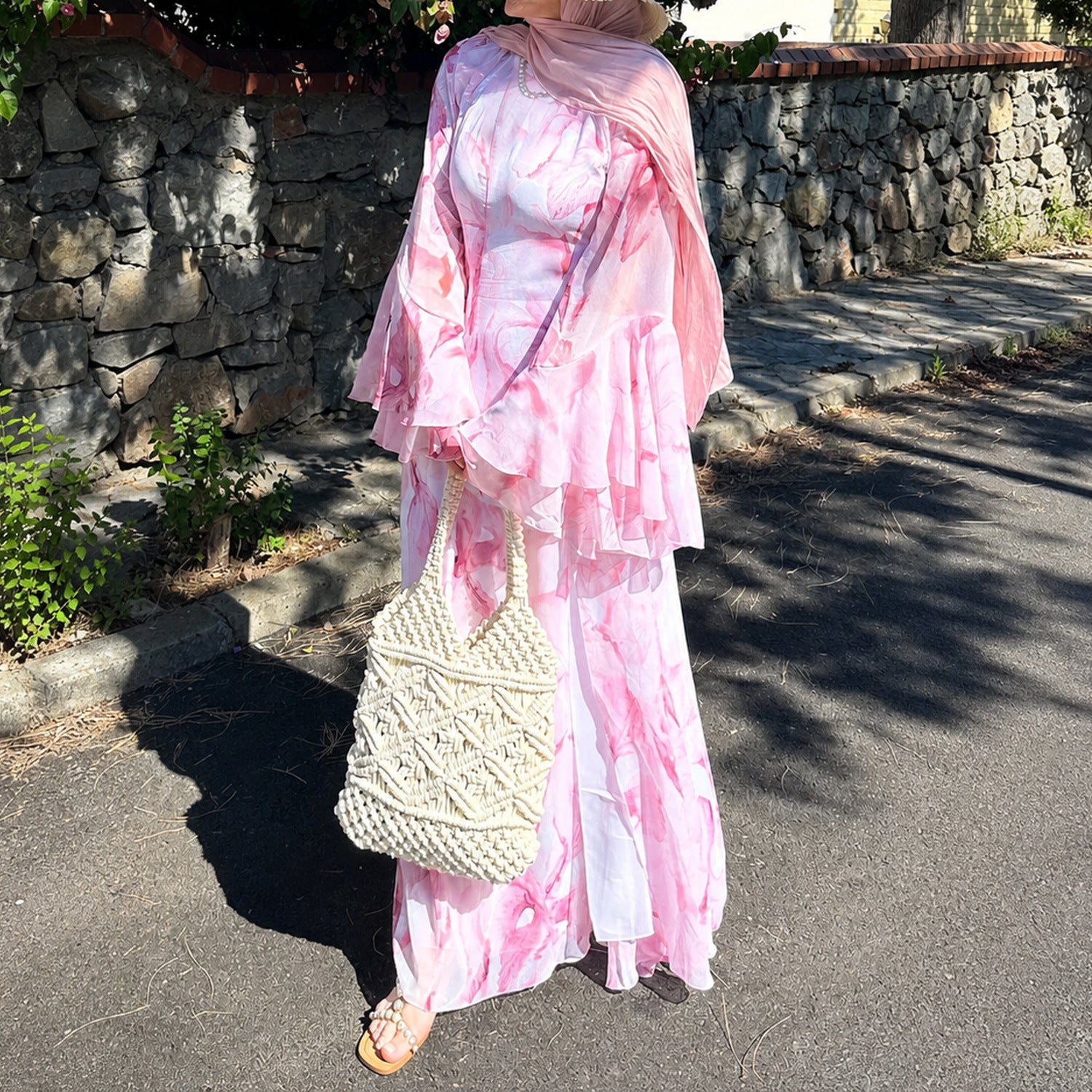 Watercolour Print Double-Layer Flared-Sleeve Maxi Dress(MA479)