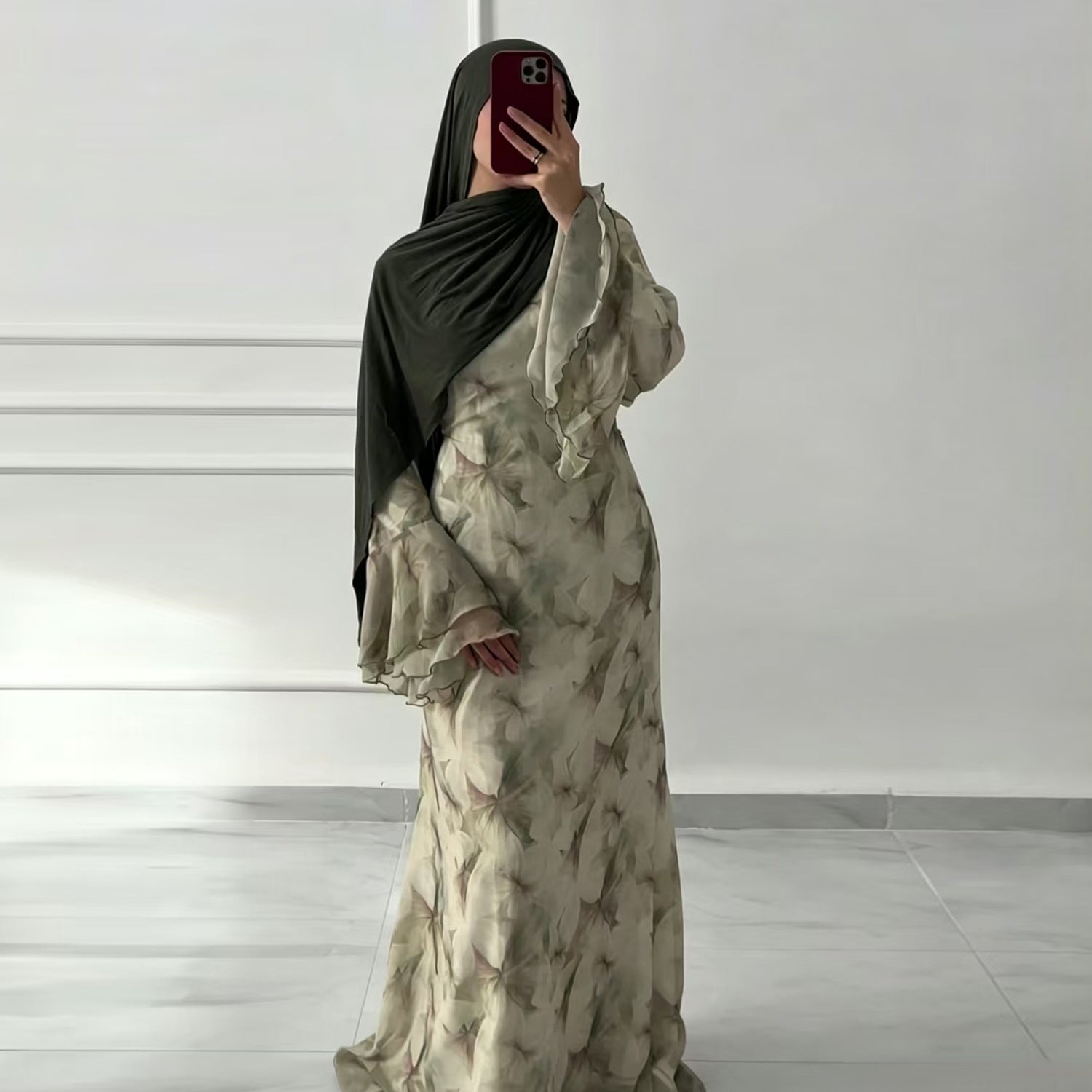 Watercolour Print Double-Layer Flared-Sleeve Maxi Dress(MA479)