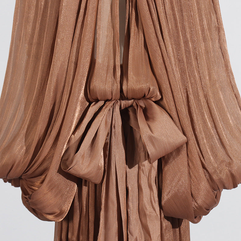 Balloon Sleeve Tie-Neck Maxi Dress(MS303)