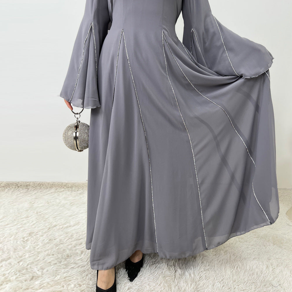 Elegant Chiffon Abaya Set with Hijab | Round Neck Bell Sleeve Maxi Dress with Rhinestone Trim(MA325)