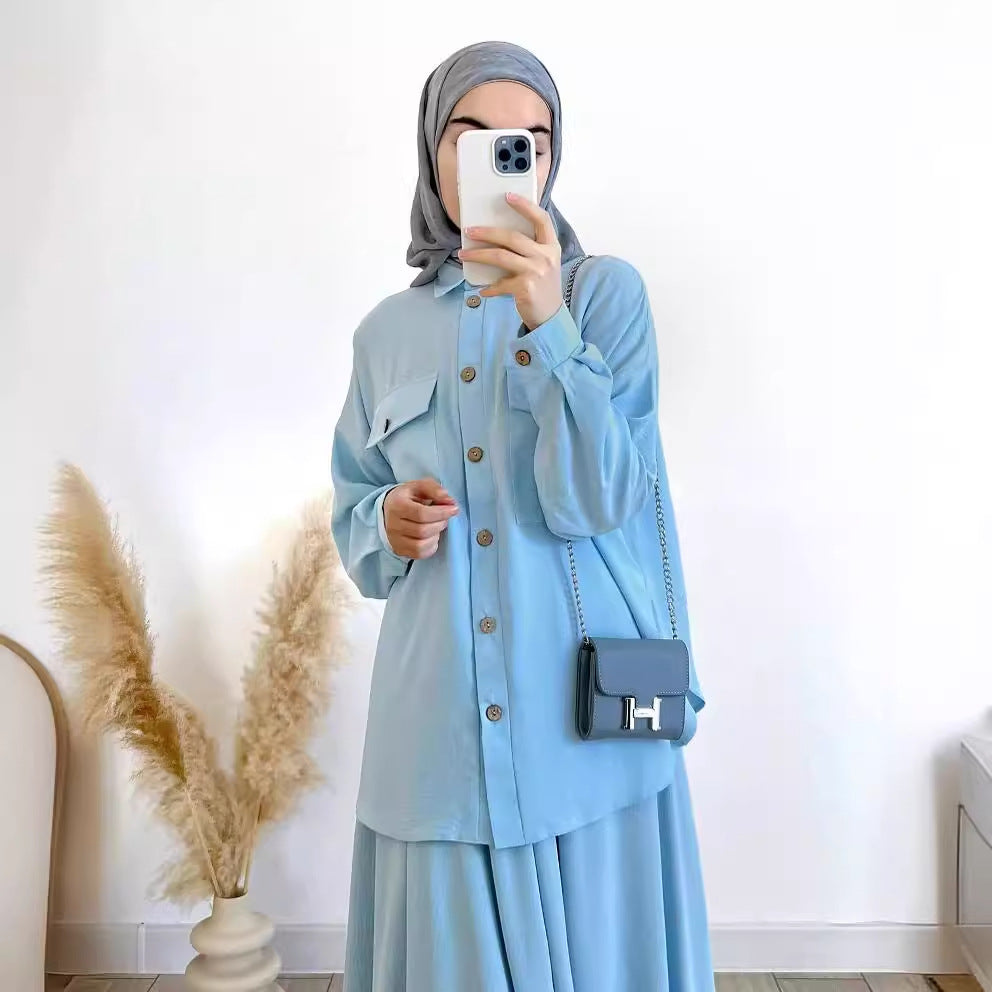 Button-Up Shirt & Flared Maxi Skirt Two-Piece Co-ord Set(MS525)