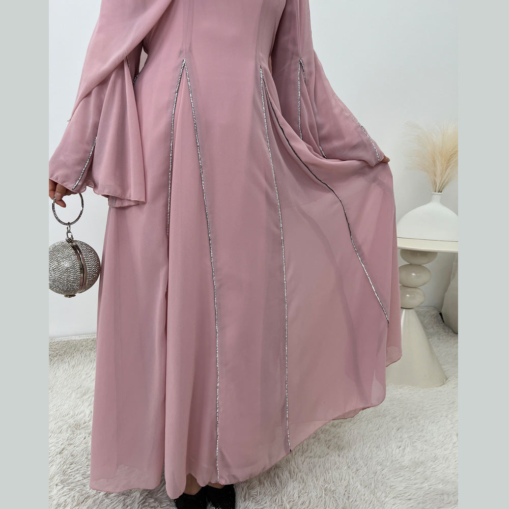 Elegant Chiffon Abaya Set with Hijab | Round Neck Bell Sleeve Maxi Dress with Rhinestone Trim(MA325)