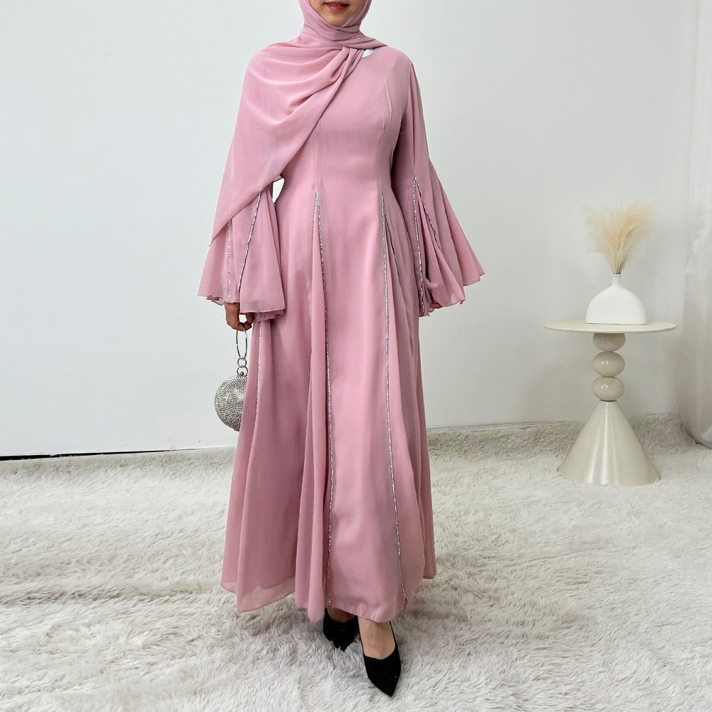 Elegant Chiffon Abaya Set with Hijab | Round Neck Bell Sleeve Maxi Dress with Rhinestone Trim(MA325)