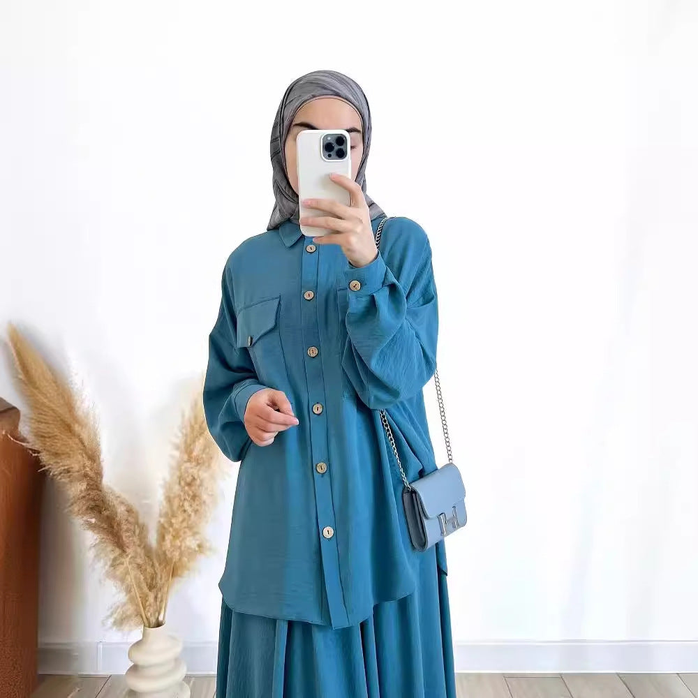 Button-Up Shirt & Flared Maxi Skirt Two-Piece Co-ord Set(MS525)