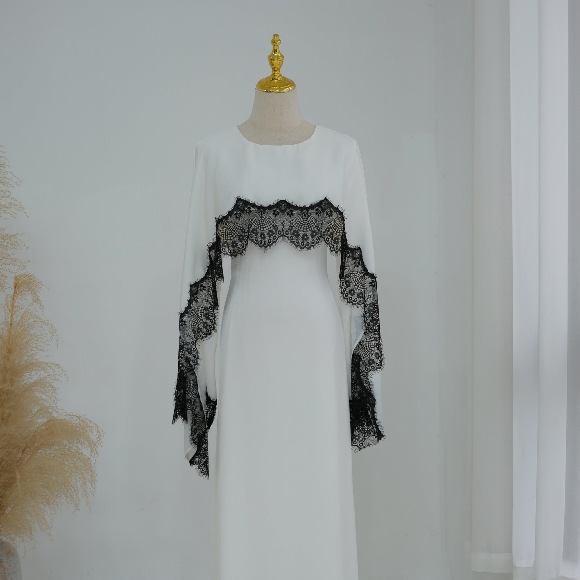 Lace Splice Satin Maxi Dress with Fixed Cape(MS438)