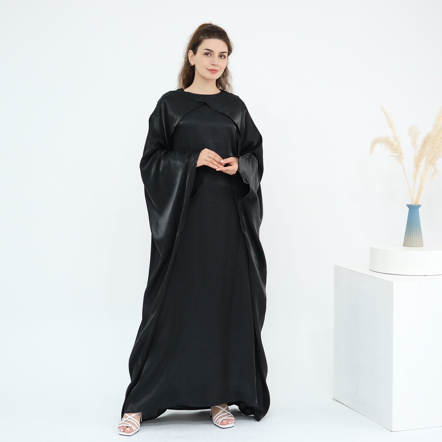 Luminous Beaded Abaya Collection | Luxury Solid Color Bell Sleeve Evening Wear Robes (MOA196)