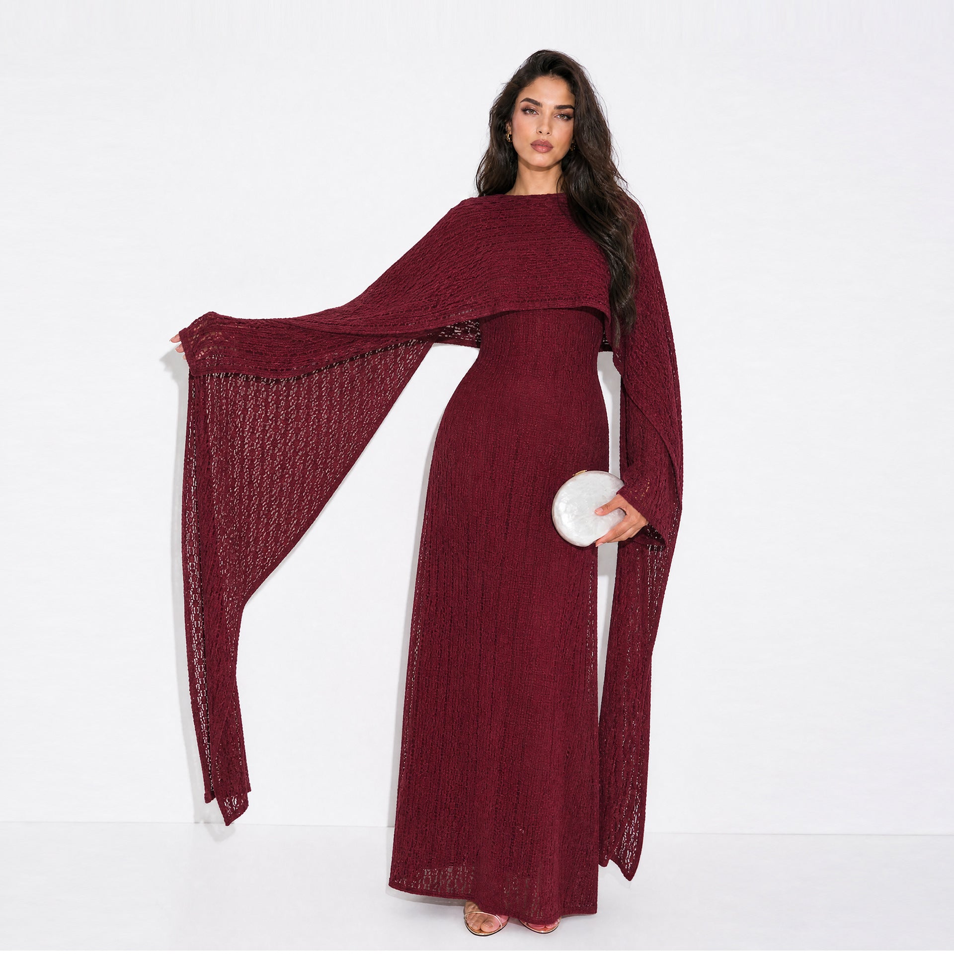 Textured Floral Lace Cape-Sleeve Lined Maxi Dress(MS519)