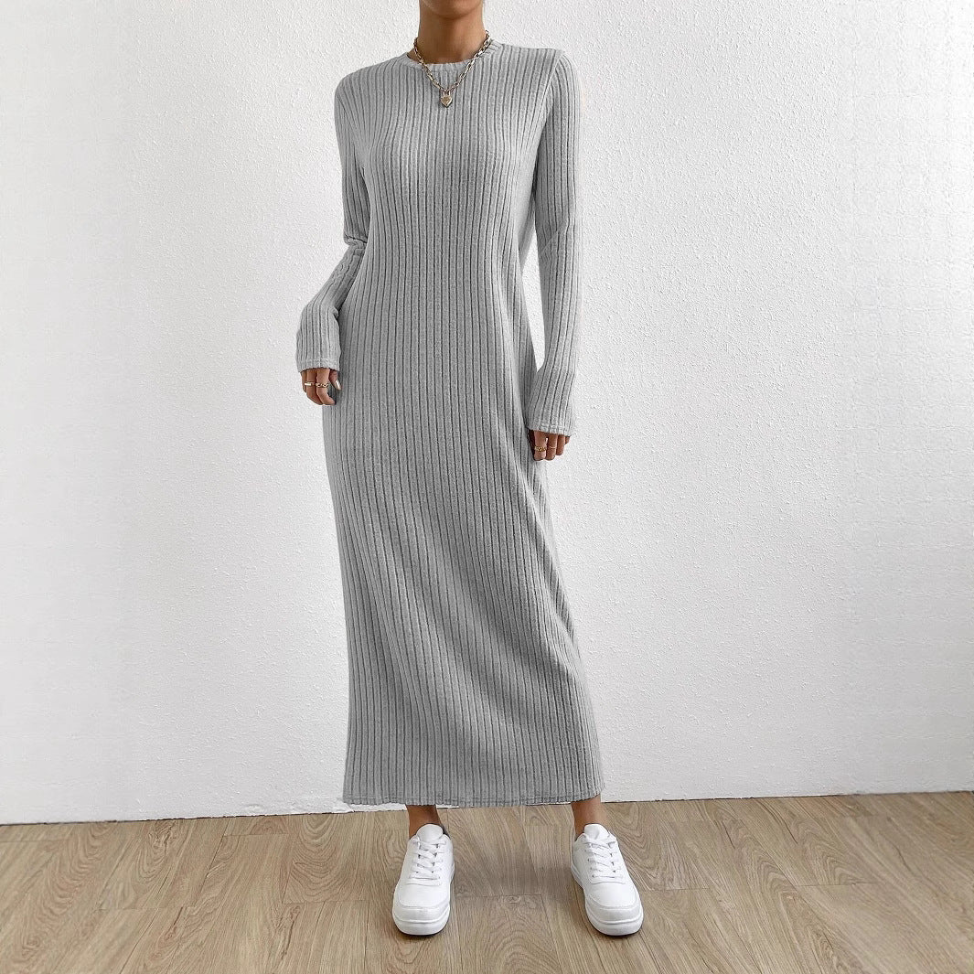 Ribbed Knit Maxi Dress | Long Sleeve Casual Sweater Dress(MS226)