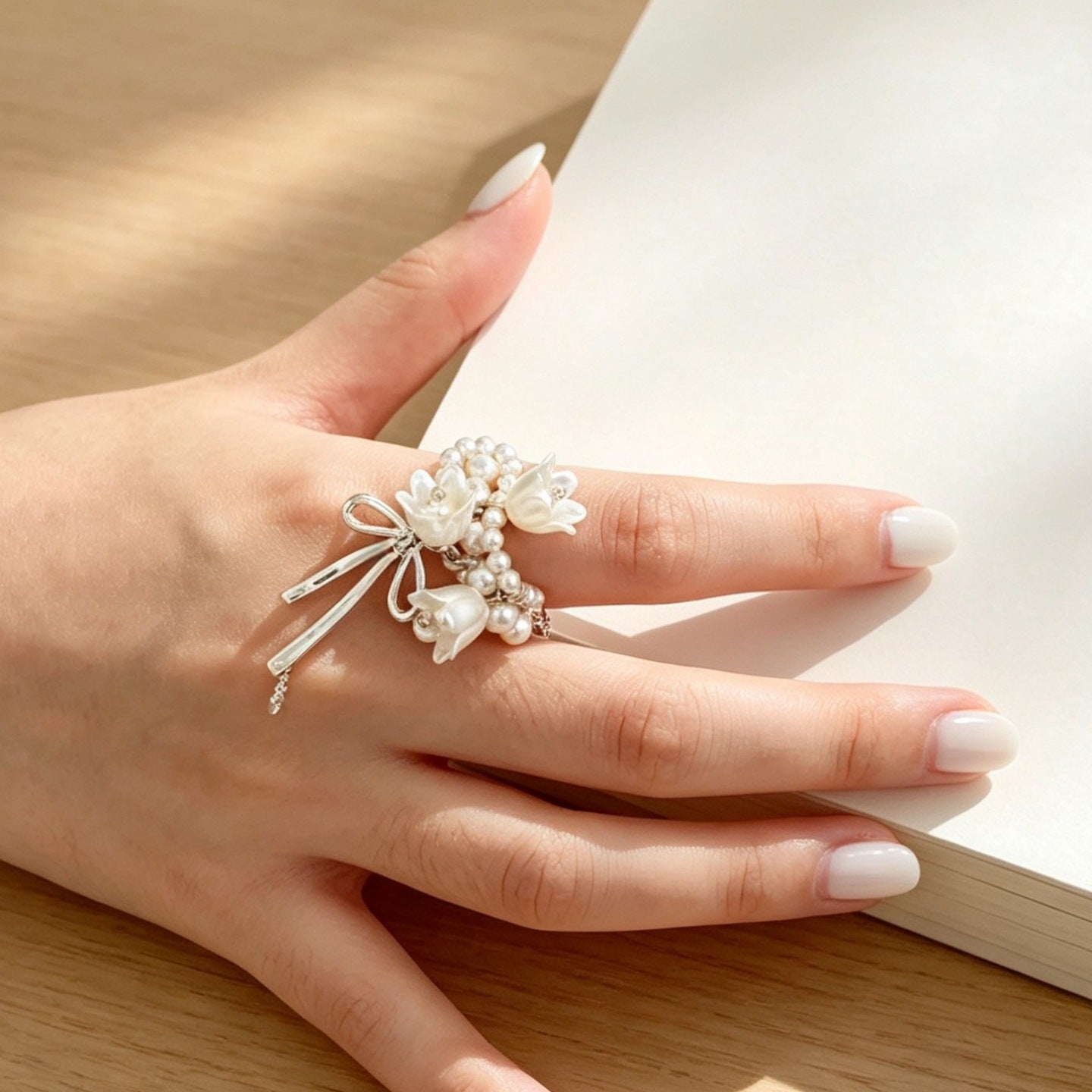 Lily of the Valley Pearl Bow Statement Ring | Adjustable Floral Ring（MAC482）