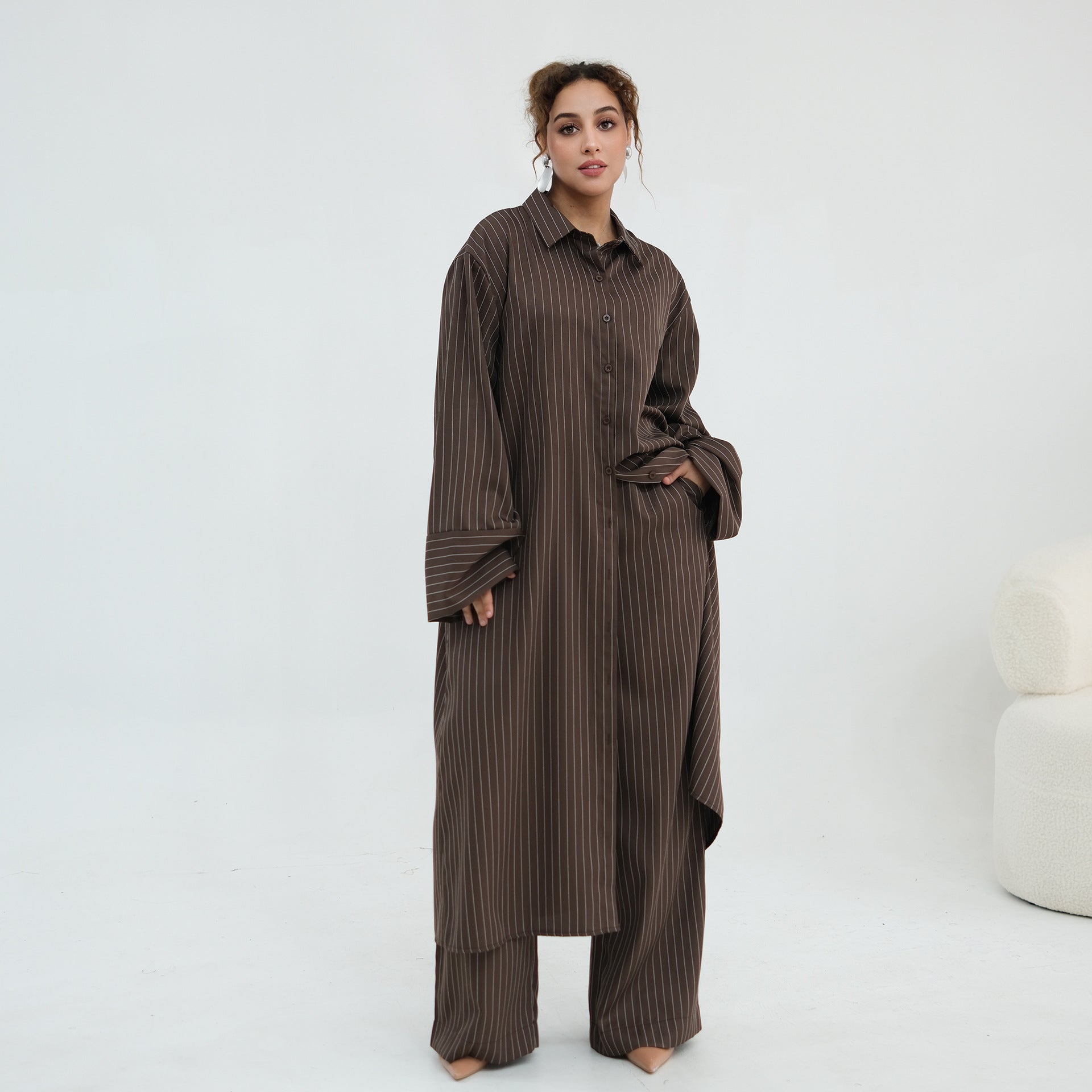Pinstripe Oversized Shirt & Wide-Leg Trouser Set(MS452)