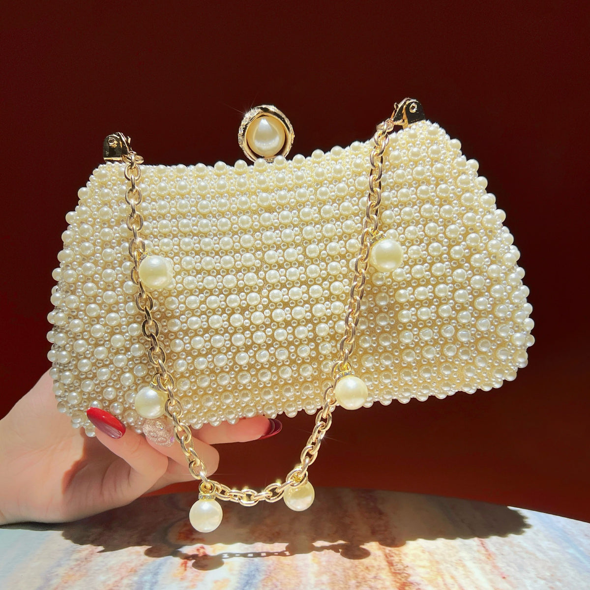 Chic Faux Pearl Evening Clutch Bag - Pearl Chain Strap Top-Handle Purse & Shoulder Crossbody for Parties & Weddings（MAC493）