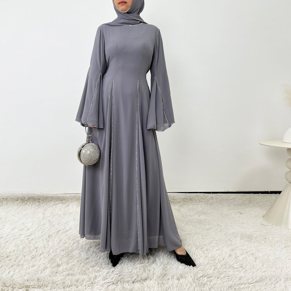 Elegant Chiffon Abaya Set with Hijab | Round Neck Bell Sleeve Maxi Dress with Rhinestone Trim(MA325)