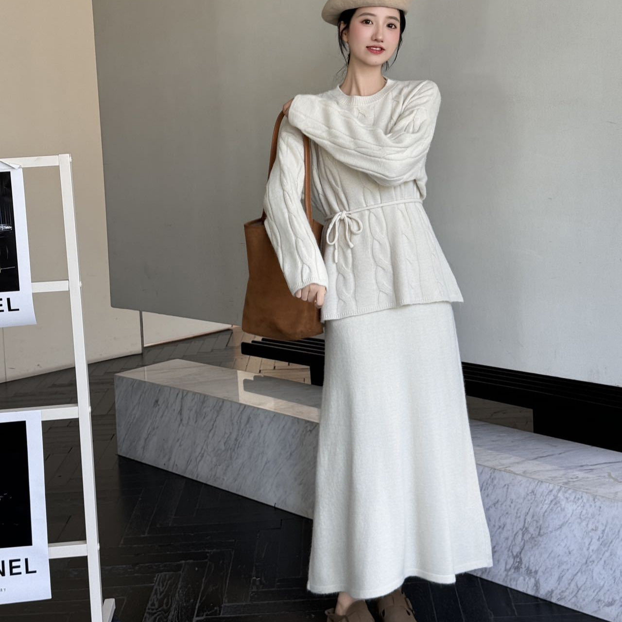 Autumn Winter Cable Knit Two-Piece Set | Round Neck Tie-Waist Sweater & Loose Skirt(MS133)