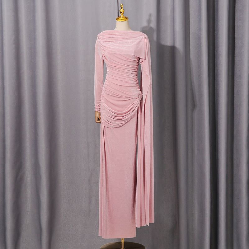 Diagonal Ruched Cape Gown | Asymmetric Draped Long Sleeve Maxi Dress(MS222)