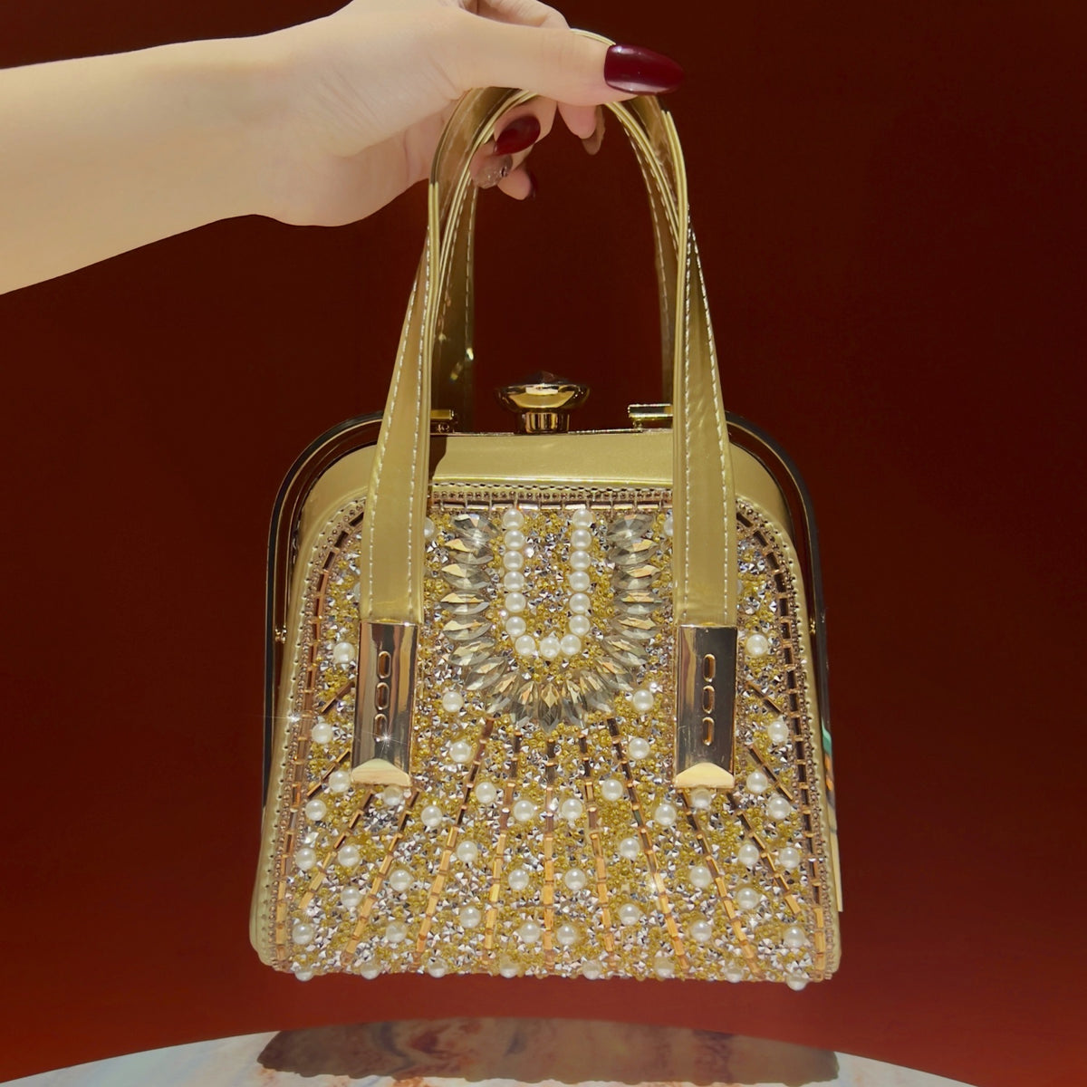 Luxe Pearl & Rhinestone Evening Clutch Bag – Crossbody Handbag with Chain Strap (MAC488)