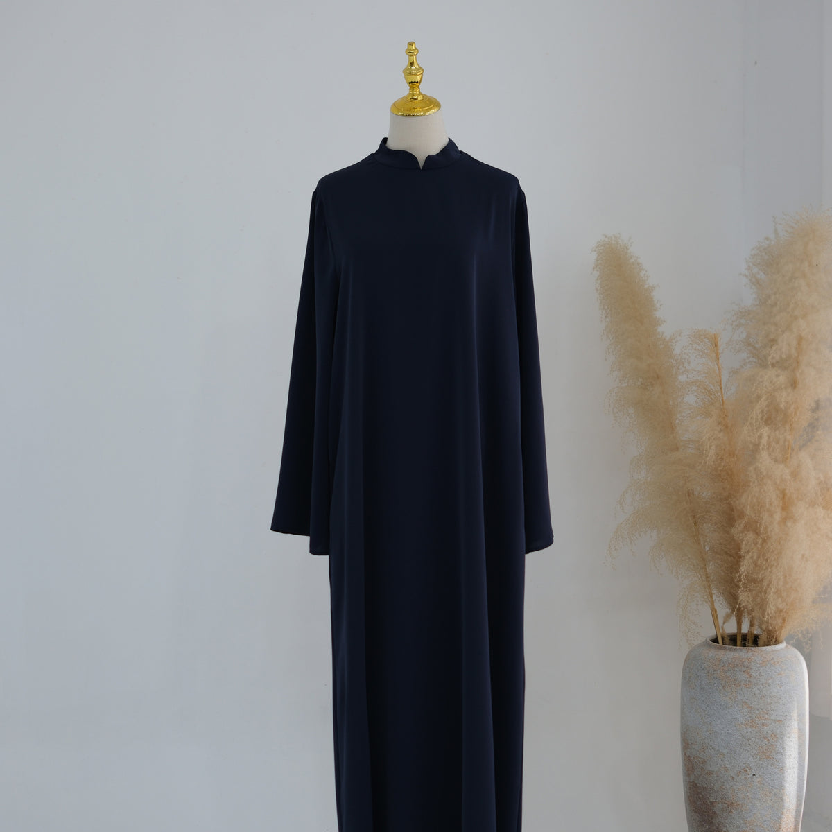 Stand-Collar Nida Maxi Dress | Long-Sleeve Belted Modest Dress(MA475)