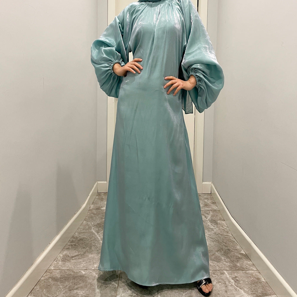 Luxurious Shimmer Abaya with Lantern Sleeves | Stand Collar Back Tie Maxi Dress(MA324)