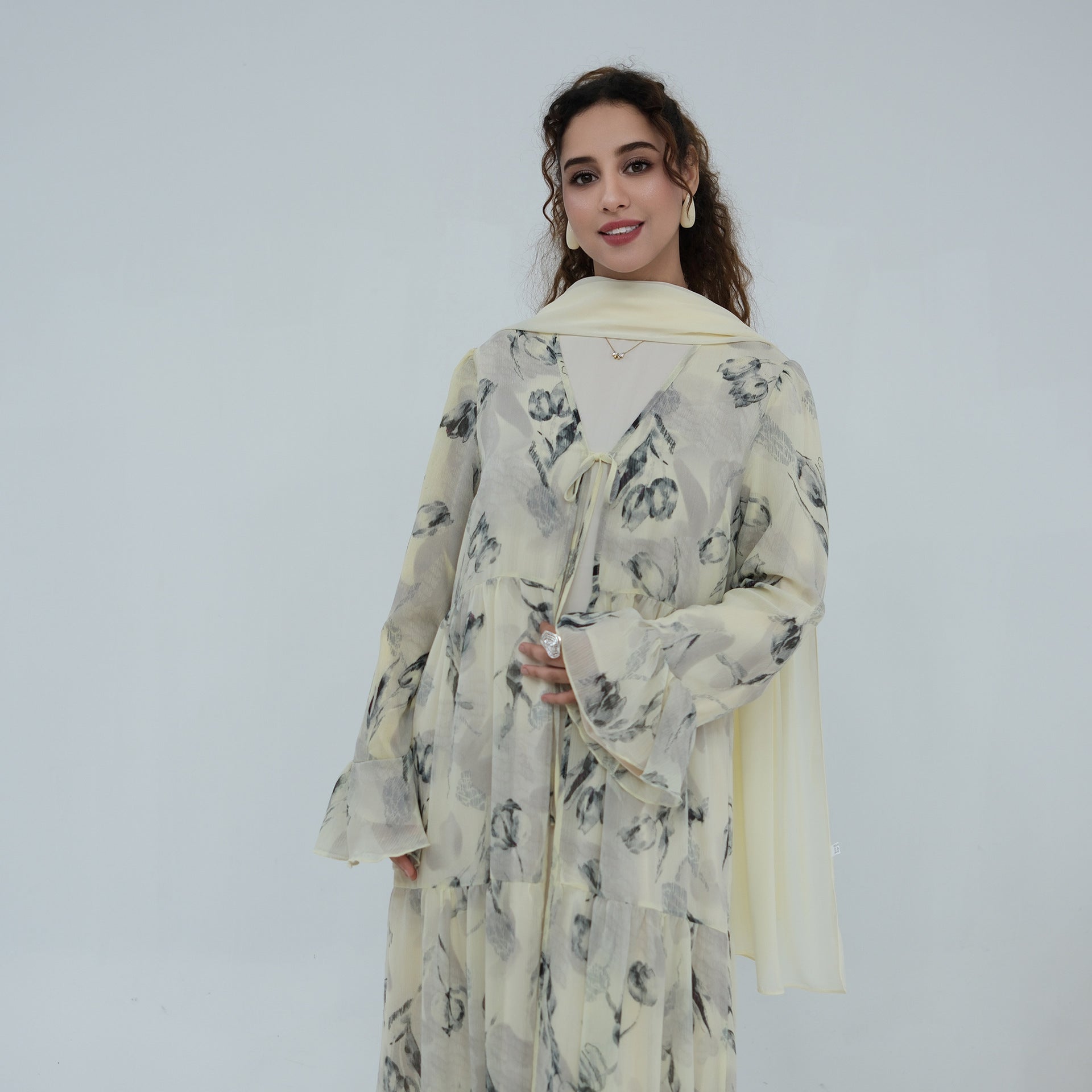 Chiffon Crinkle Flared Sleeve Tiered Open Abaya Set(MOA341)
