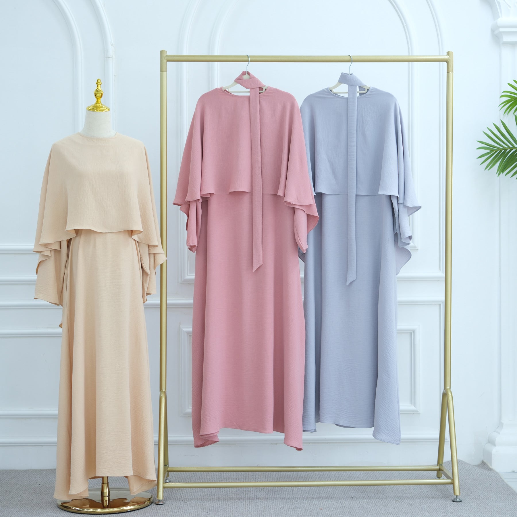 Ice Silk Crinkle Cape Set | 3-Piece Solid Color Abaya with Inner Dress & Belt(MA304)