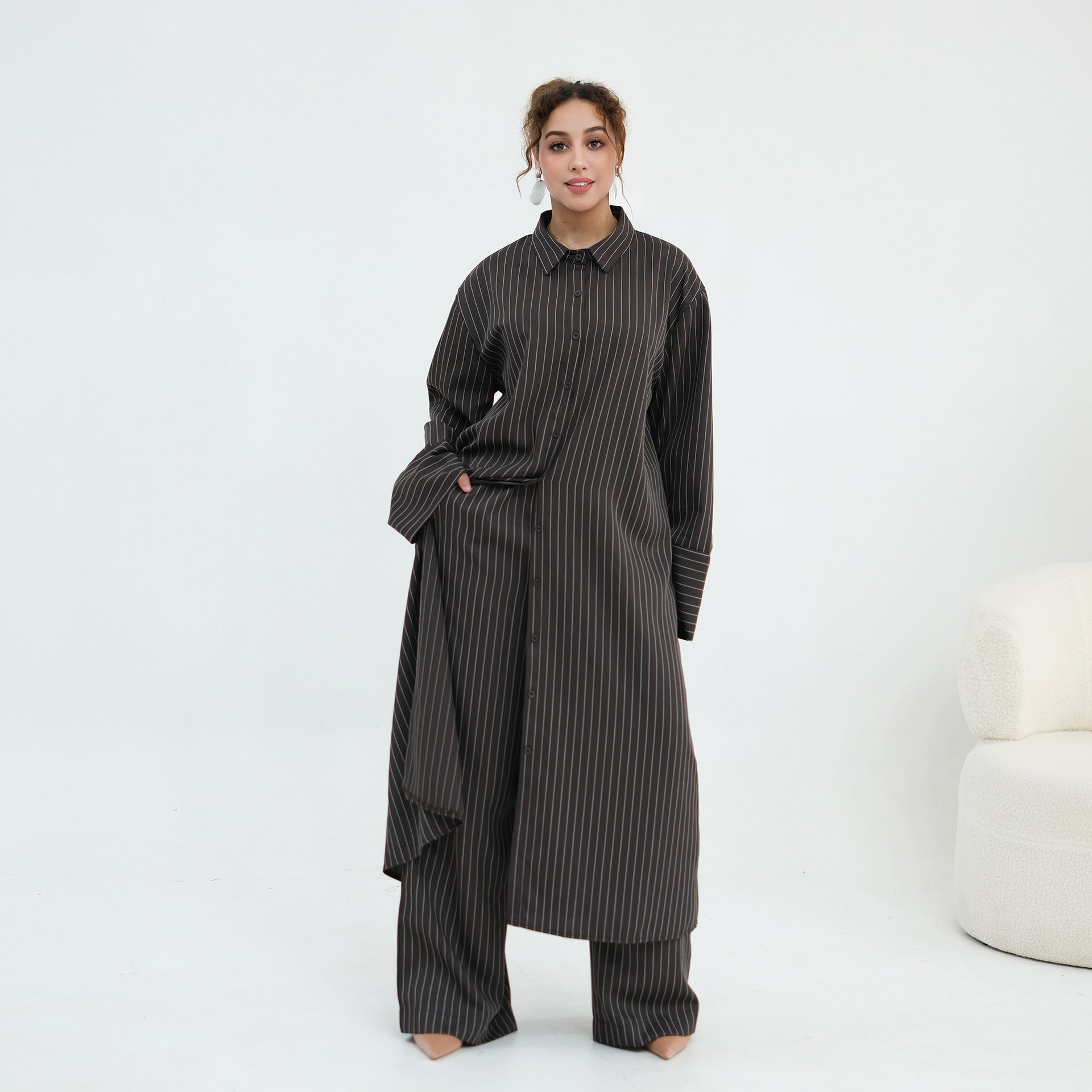 Pinstripe Oversized Shirt & Wide-Leg Trouser Set(MS452)